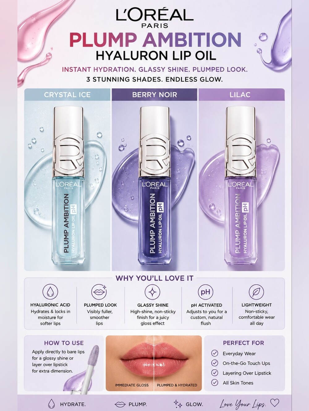 L'Oreal Paris Plump Ambition Hyaluron Lip Oil — Lilac, Berry Noir, Crystal Ice